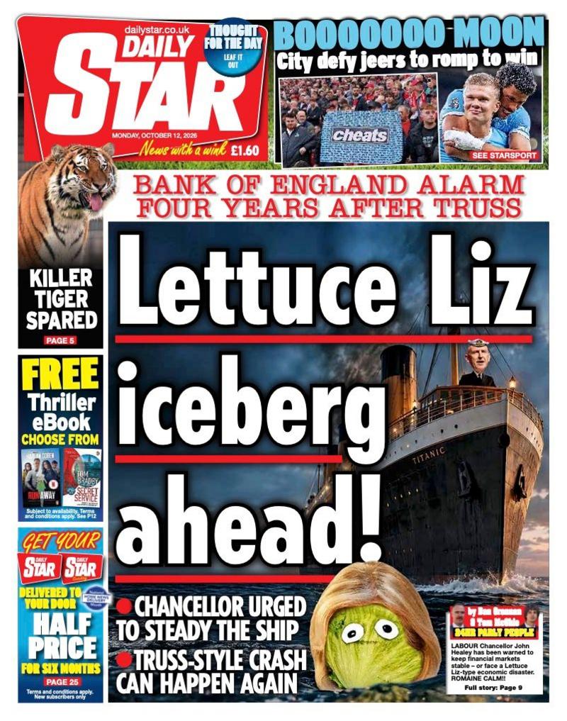 "Lettuce Liz iceberg ahead!" reads the headline on the front page of the Daily Star.