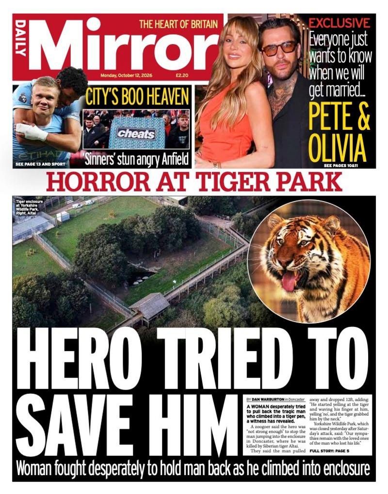 "Hero tried to save him," reads the headline on the front page of the Daily Mirror.