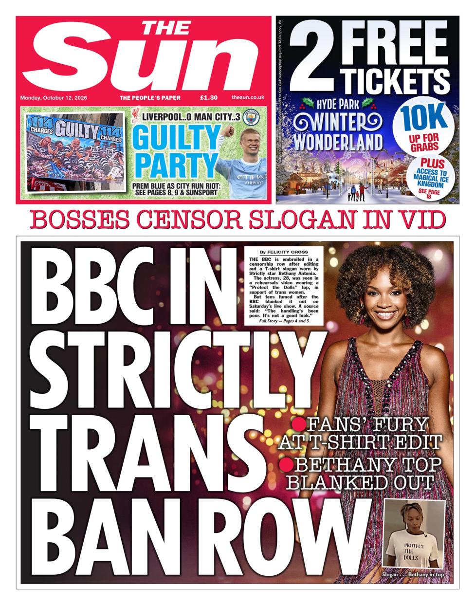 "BBC in Strictly trans ban row" reads the headline of the Sun.