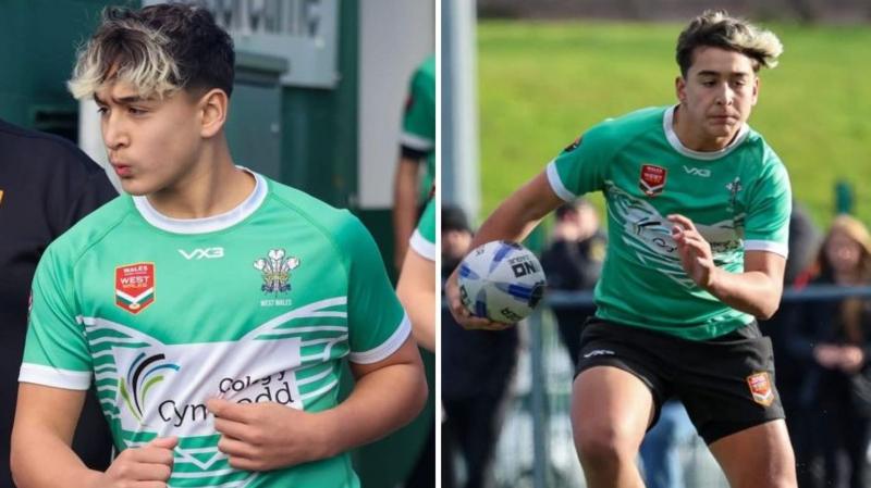 two images of ethan in a green west wales rugby league strip. on picture he is on the sidelines with a cheeky look. the other he is on the pitch grimacing as a he runs hard with ball in hand. he had short dark hair in the back with long hair in the front and bangs with blonde highlights.