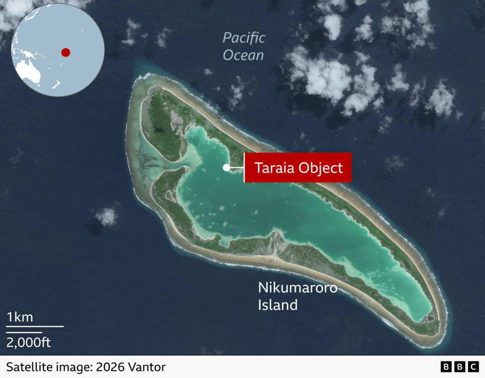 A satellite image of Nikumaroro Island in the Pacific Ocean showing the location of the Taraia Object