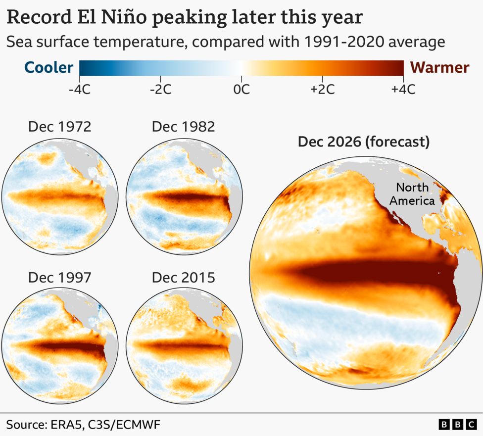 Graphic showing the sea surface temperature - compared with 1991-2020 average - for different years. Four mini globes mapping the El Niño region show the warmer than average temperatures for Dec 1972, 1982, 1997 and 2015. A larger globe of the eastern Pacific showing much more red and orange - and therefore warmth for Dec 2026 (forecast)
