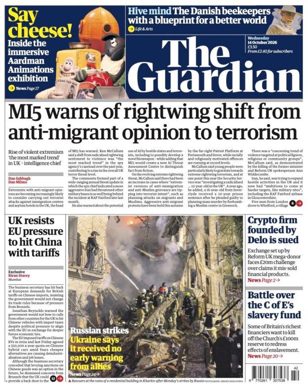 "MI5 warns of rightwing shift from anti-migrant opinion to terrorism" reads the headline on the front page of .