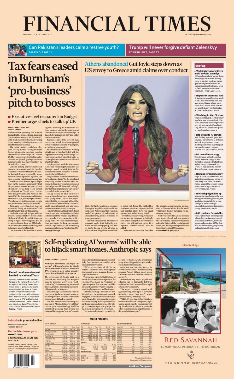"Tax fears eased in Burnham's 'pro-business' pitch to bosses" reads the headline on the front page of the Financial Times.
