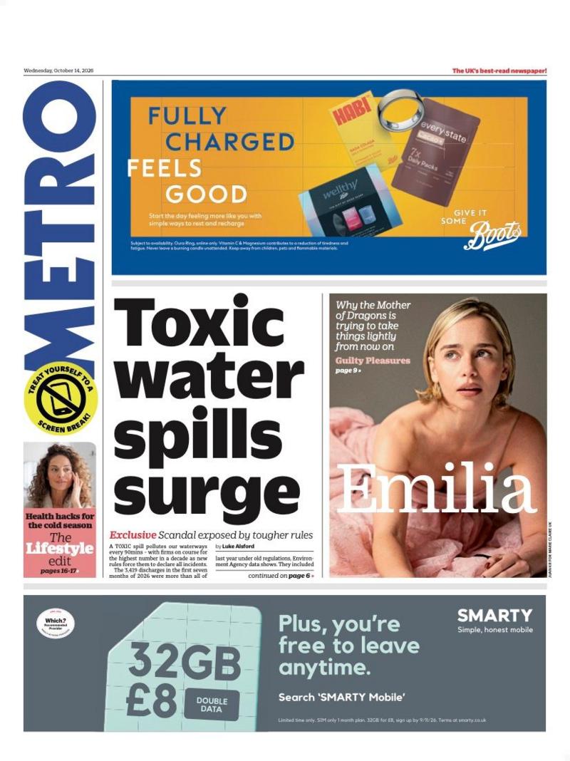 "Toxic water spills surge" reads the headline on the front page of the Metro.