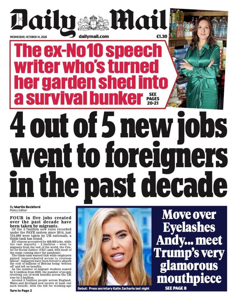 "4 out of 5 new jobs went to foreigners in the past decade" reads the headline on the front page of the Daily Mail.