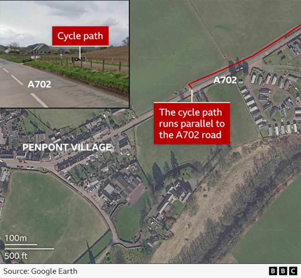 Map showing where the cycle path runs next to the A702