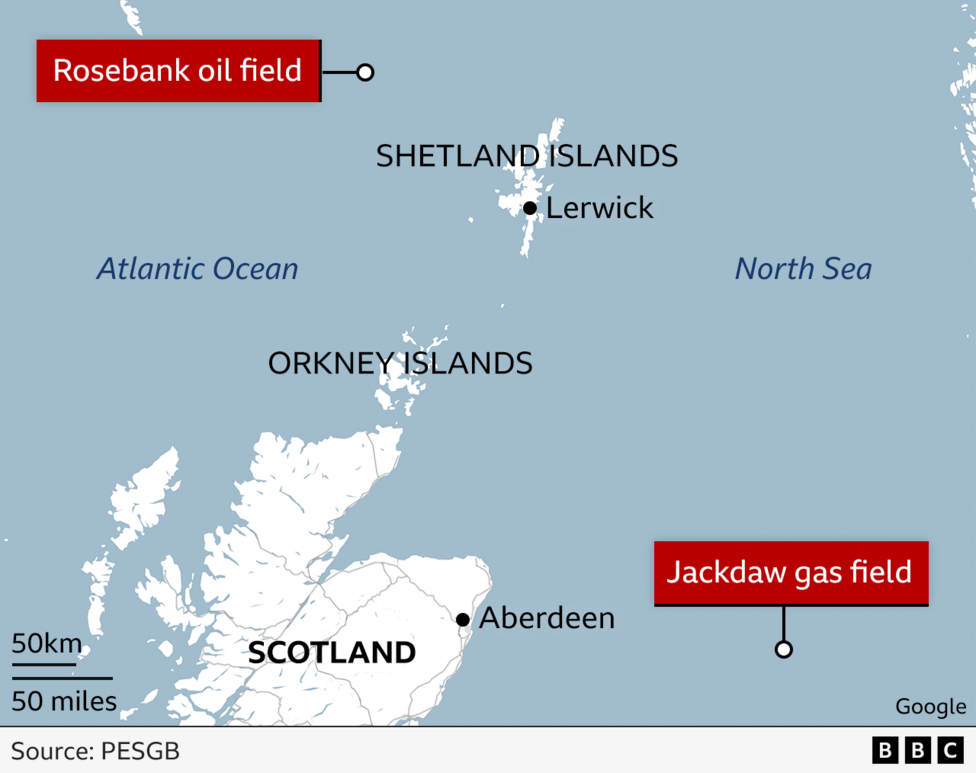A map of the North Sea showing the Jackdaw and Rosebank fields relative to the mainland and other island groups.