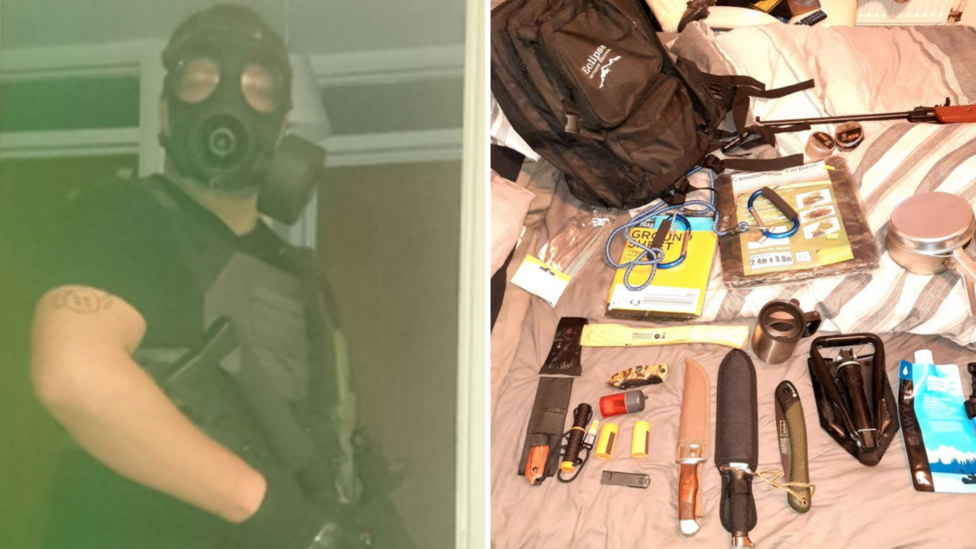 Composite image of Mark Broadhurst (left) wearing gas mask and holding gun and police image of number of knives and other belongings laid on bed