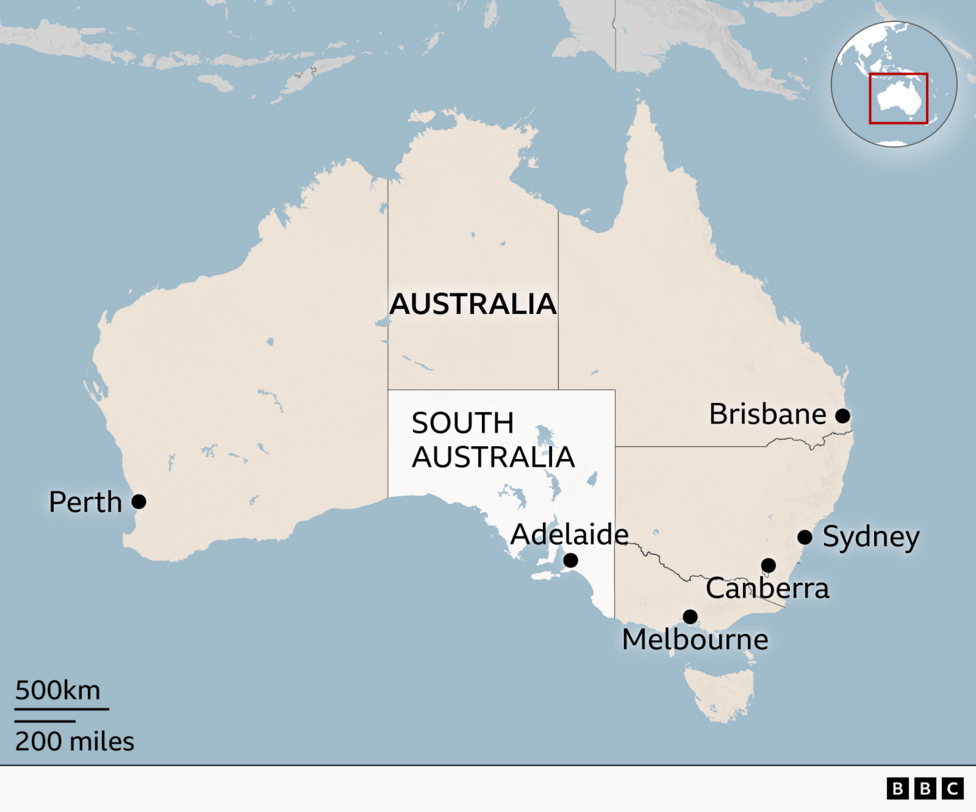 Map highlighting the state of South Australia in Australia, as well as the major cities of Perth, Adelaide, Brisbane, Sydney, Canberra and Melbourne