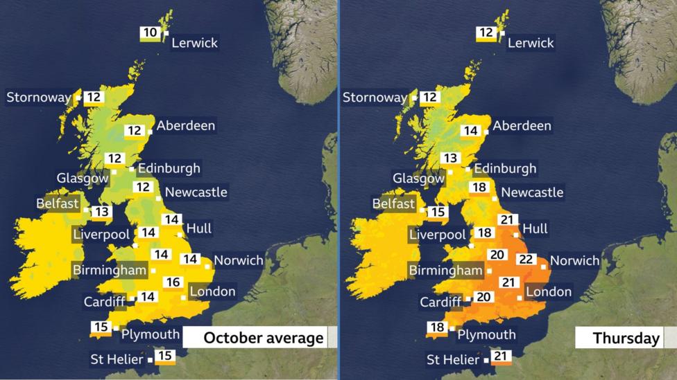Two weather maps - one showing average maximum temperatures for October, ranging from 10C in Lerwick to 16C in London, and the other showing forecast temperatures for Thursday, ranging from 12C in Lerwick and Stornoway to 22C in London.