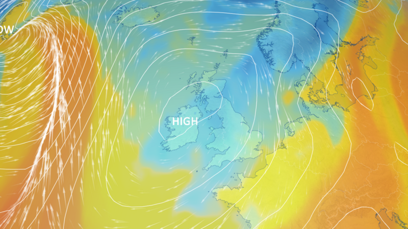 A weather chart showing high pressure centred over Ireland, winds flowing in a clockwise direction around the high, and blue air-mass colours - indicating cold air - covering all parts of the UK.