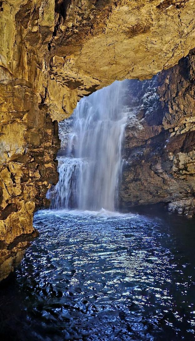 A waterfall inside a cave
