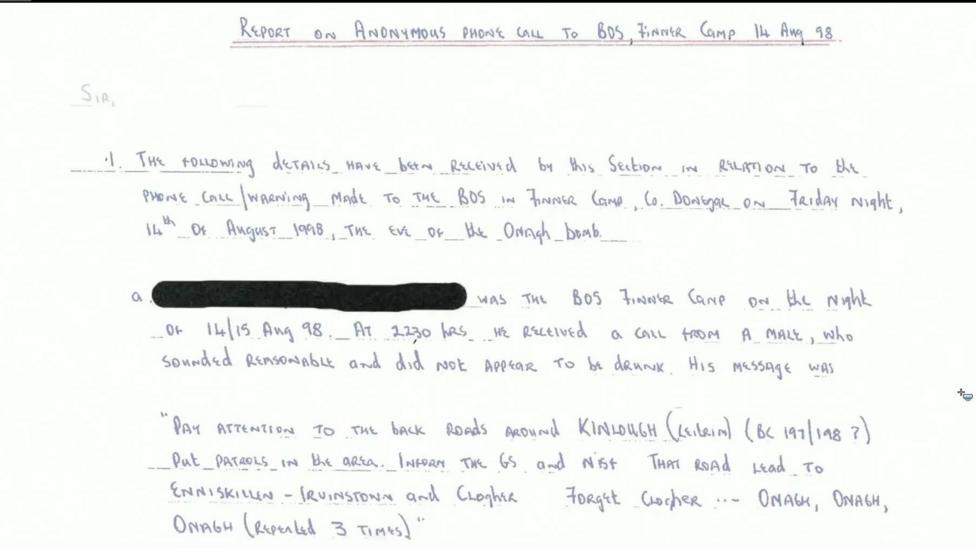 A handwritten note from the Omagh Bombing Inquiry. One part of a line in blacked out.