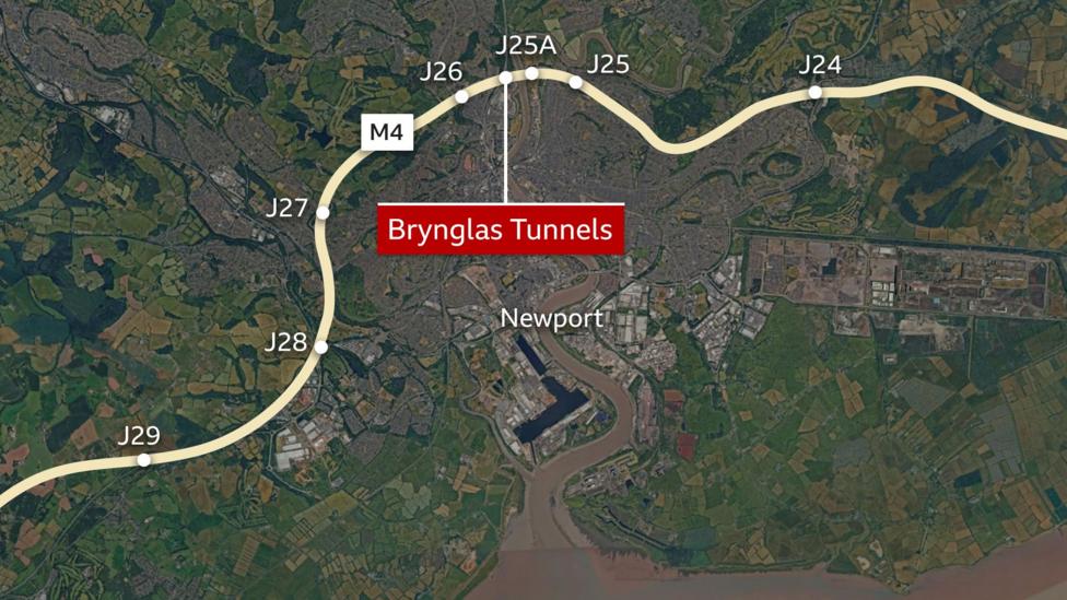 A satellite image of the city of Newport, with the Usk river visible in the middle, and with a superimposed map of the M4 in yellow, with the junctions and Brynglas Tunnels marked out.
