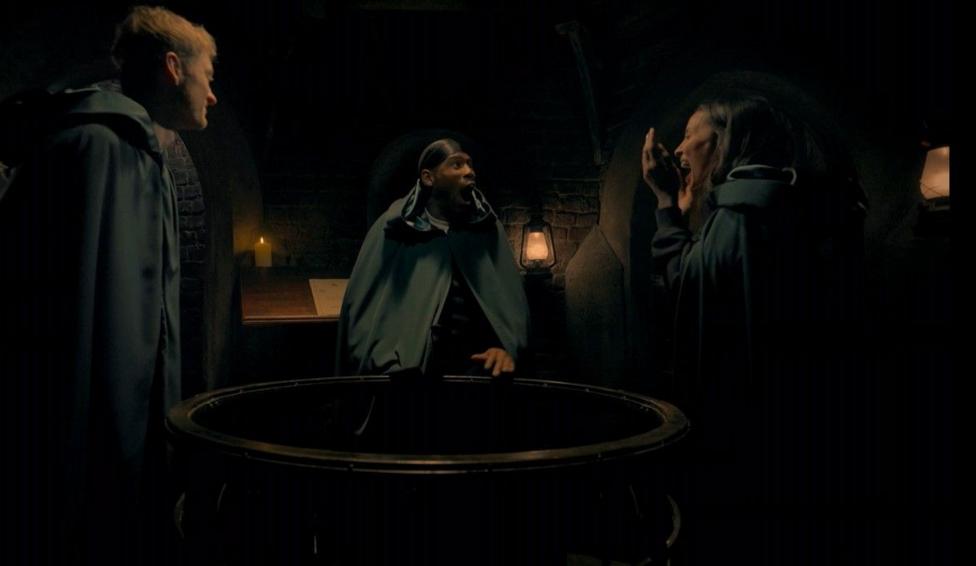 James Acaster, King Kenny and Maya Jama in the castle turret as traitors