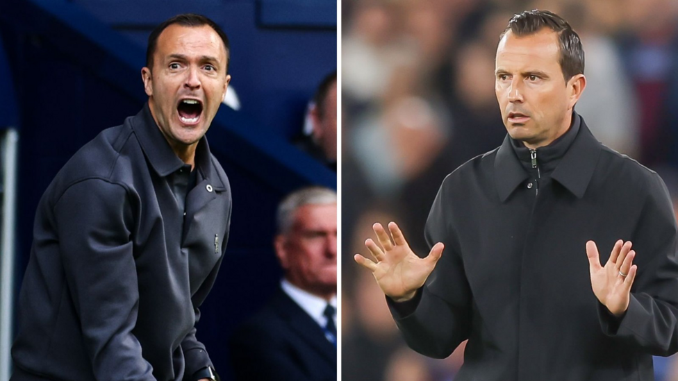 Split pic of Chris Davies shouting on the Birmingham sideline next to Julien Stephan with his hands raised in defence on the QPR sideline