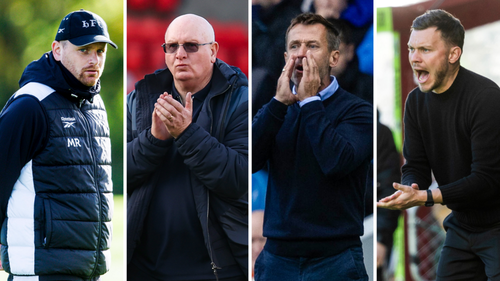 Hibs' Marink Reedijk, Falkirk's John McGlynn, Kilmarnock's Neil McCann and Motherwell's Alfred Johansson