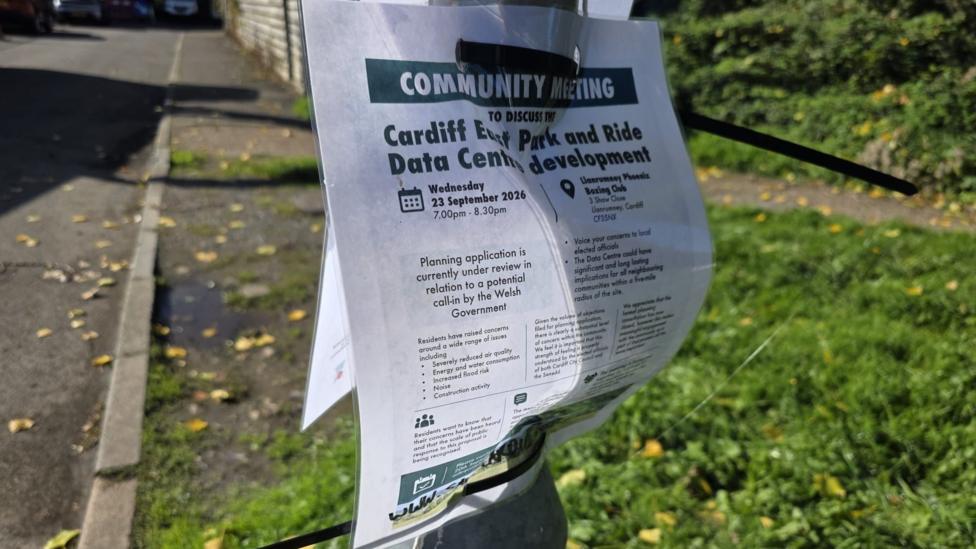 An image of a flyer with Cardiff East Park and Ride data centre development written on it, advertising a public meeting