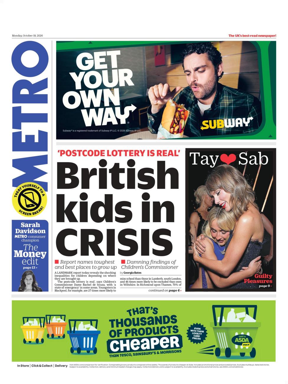 "'Postcode lottery is real': British kids in crisis," writes the Metro in its headline on the front page.