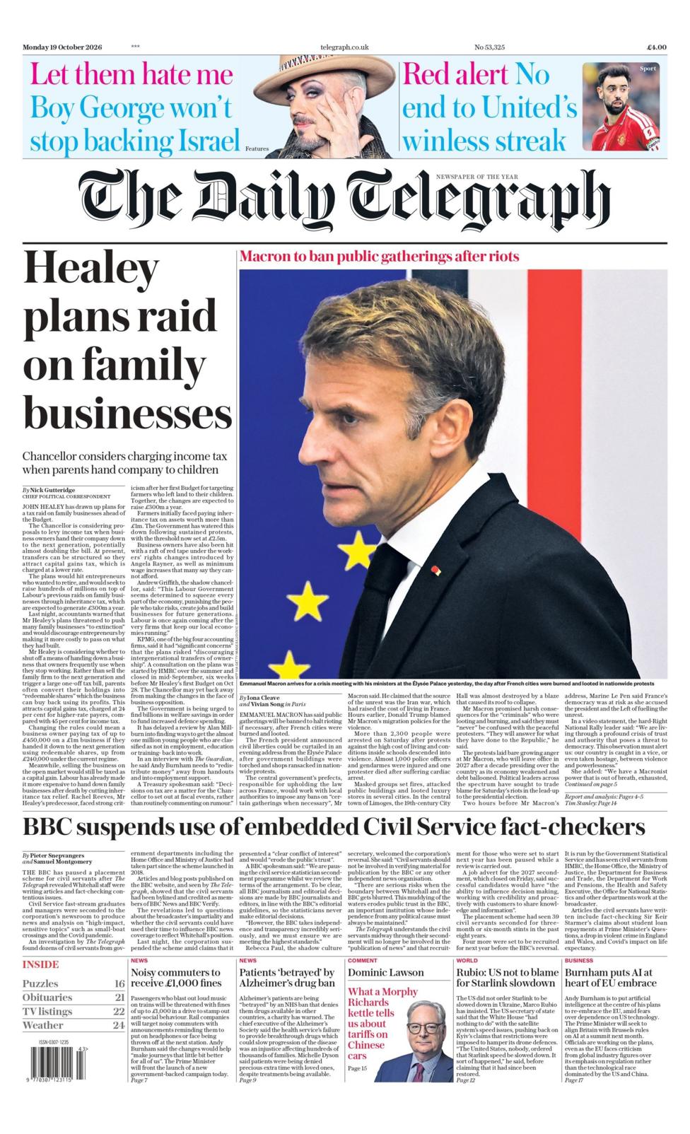 "Healey plans raid on family businesses," reads the headline on the front page of the Daily Telegraph.