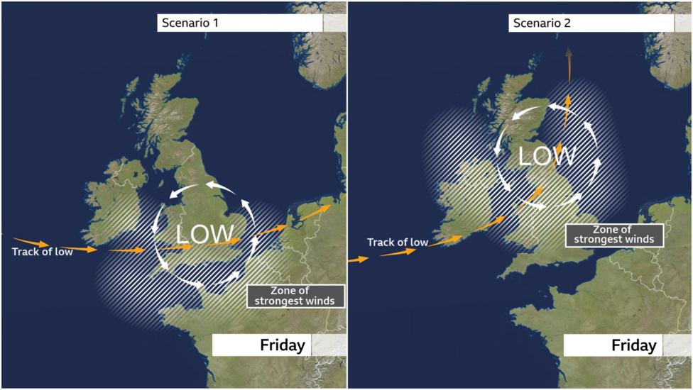Two maps of the UK and northern France showing different scenarios for the track of a low pressure system on Friday. The first scenario shows the low centred across central-southern England with zone of strongest winds across coastal counties of Wales and southern England. The other scenario shows the low around the borders of Scotland and England, with strong winds more widely across England and Wales as well as Northern Ireland and parts of Scotland.