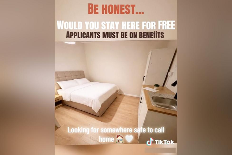A screenshot of a TikTok advert shows a bedroom with the words: "Be honest, would you stay here for free. Applicants must be on benefits. Looking for somewhere safe to call home."
