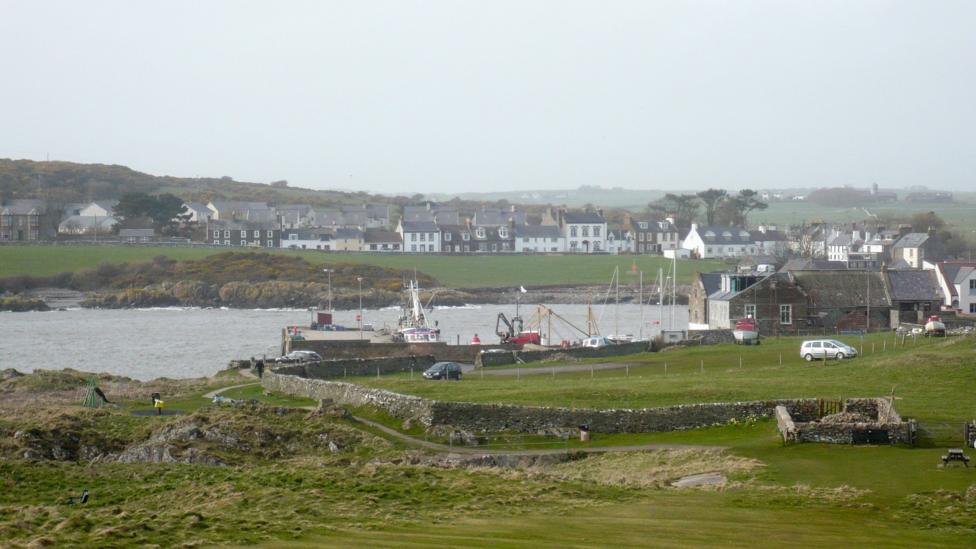 A fishing village in the south of Scotland with boats in the harbour and a line of houses on the shore