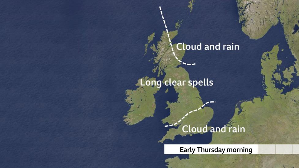 A map of the UK showing cloud and rain in the far south and north-east with long clear spells elsewhere for Thursday morning