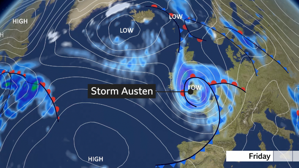 BBC weather graphic showing the pressure chart and associated weather fronts. A deep area of low pressure is shown in southern England.