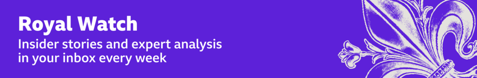 Thin, purple banner promoting the Royal Watch newsletter with text saying, “Insider stories and expert analysis in your inbox every week”. There is also a graphic of a fleur-de-lis in white.