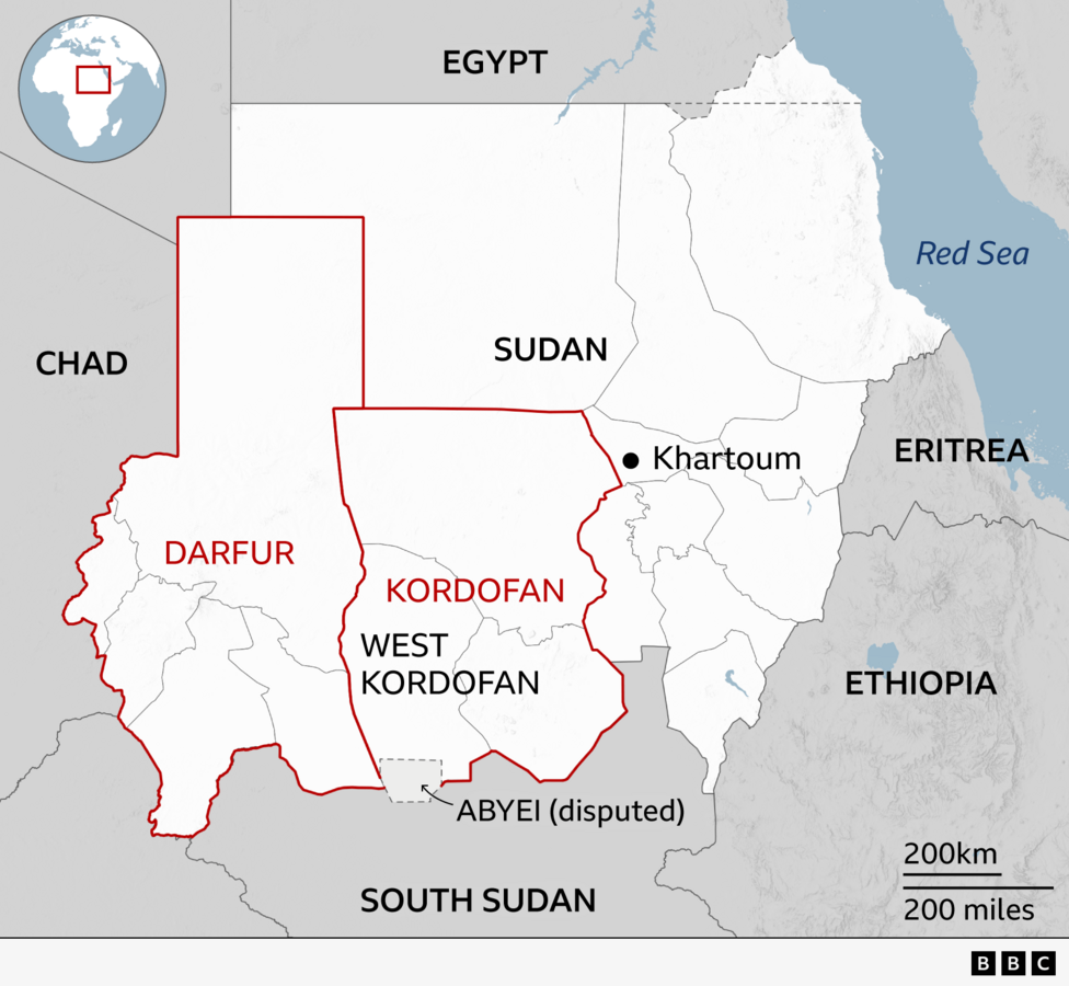A map showing Darfur and Kordofan in Sudan and the disputed region of Abyei on the border with South Sudan