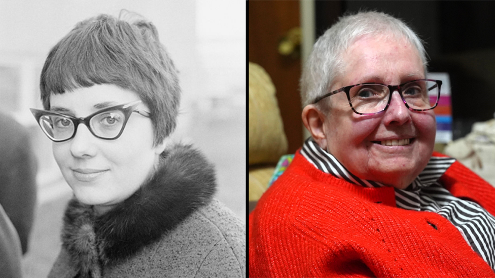A black and white photo of Mair, a woman in glasses with short brown hair and pointed glasses, and a colour photo of the same woman 60 years later with short white hair and glasses.