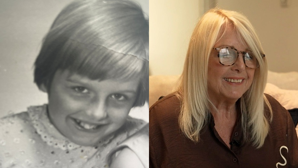 A little girl with a short bob smiles at the camera in a black and white photo. On the right is a colour image of Gaynor as an adult, with long blonde hair and glasses.