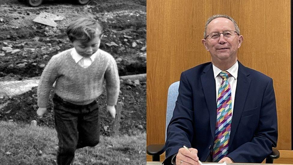 A little boy runs on grass in a woollen sweater in the first black and white photo. On the right, David is an adult and wears a suit with a colourful tie, holding a pen.