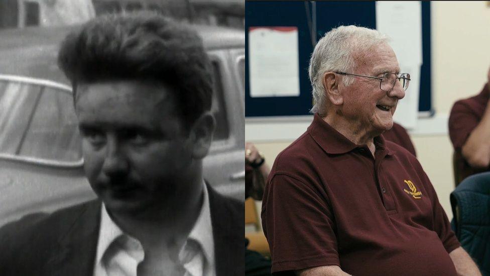 A black and white photo of a young Ray in a black suit and white shirt. On the right, a modern image of Ray shows him sitting in a chair, with grey hair and glasses.