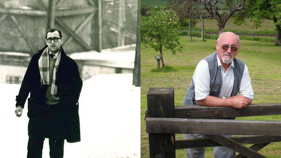 On the left is Calvin in glasses and scarf in the snow. On the right, a modern photo shows him with a shirt, gilet and wearing sunglasses, leaning on a gate.