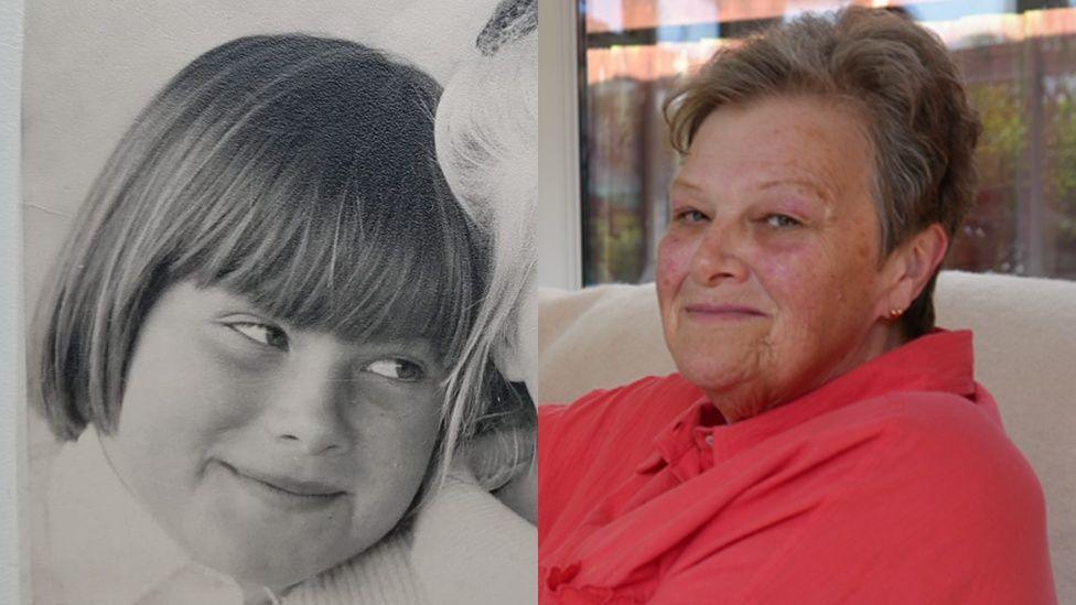 Jeanette as a girl has short brown hair in a black and white photo. On the right, she has short brown hair and wears a red top.
