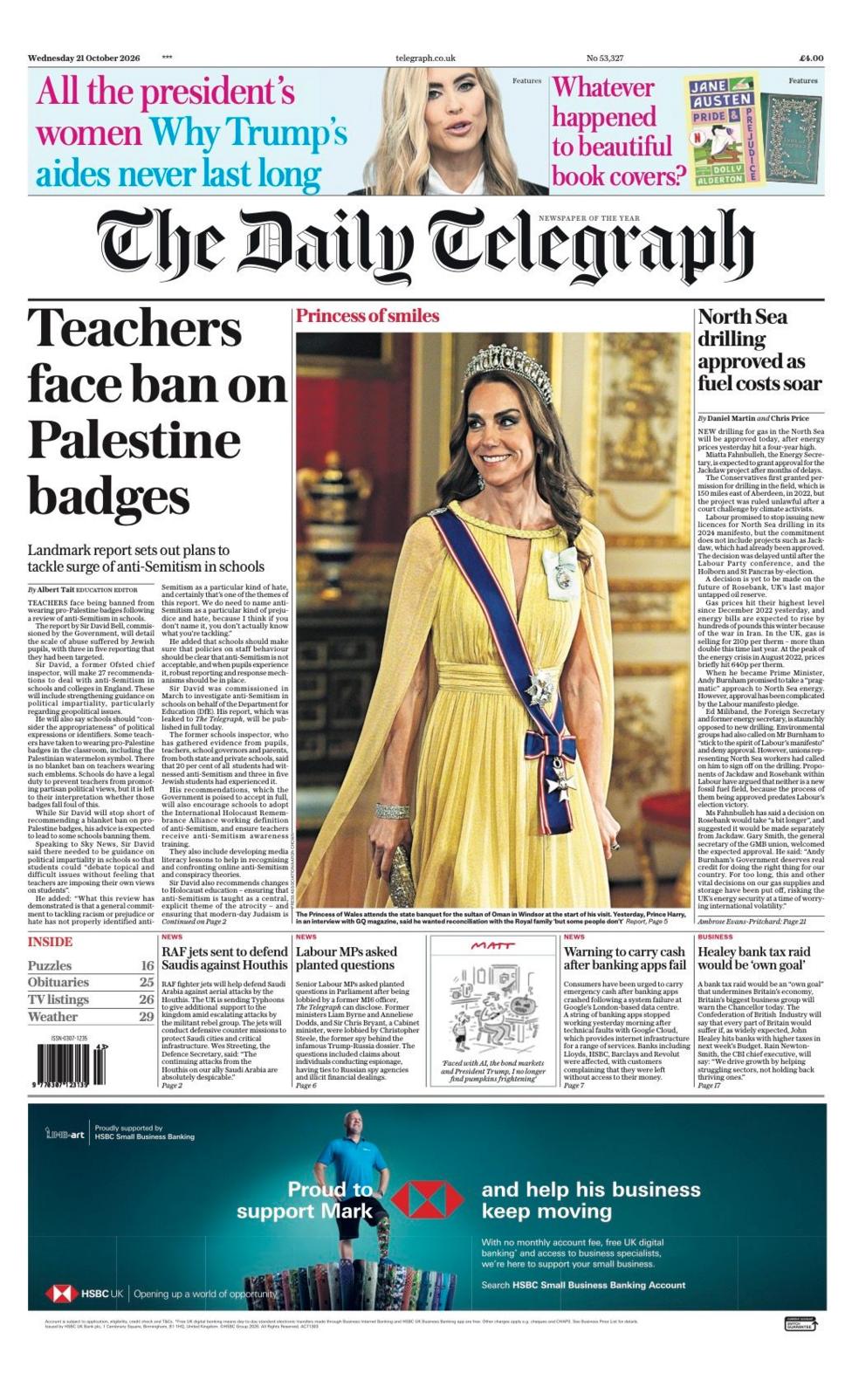The headline on the front page of the Daily Telegraph reads: “Teachers face ban on Palestine badges”.