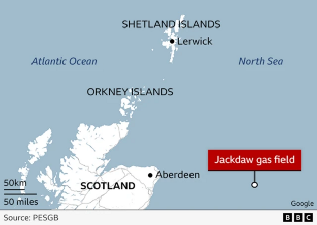 Map showing the north of Scotland, the Orkney and Shetland Islands, the Atlantic Ocean and the North Sea. The Jackdaw gas field is marked on the map in the sea to the east of Aberdeen.