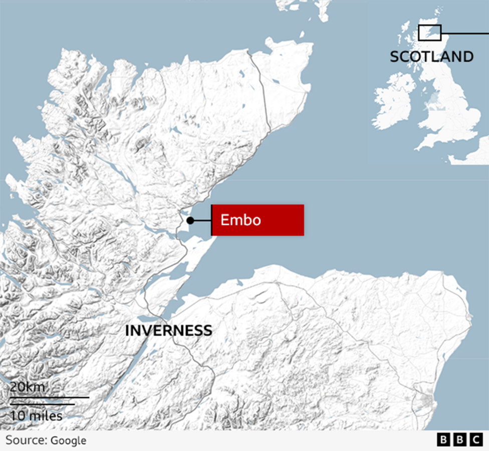 A map showing Embo and its position north of Inverness which is marked