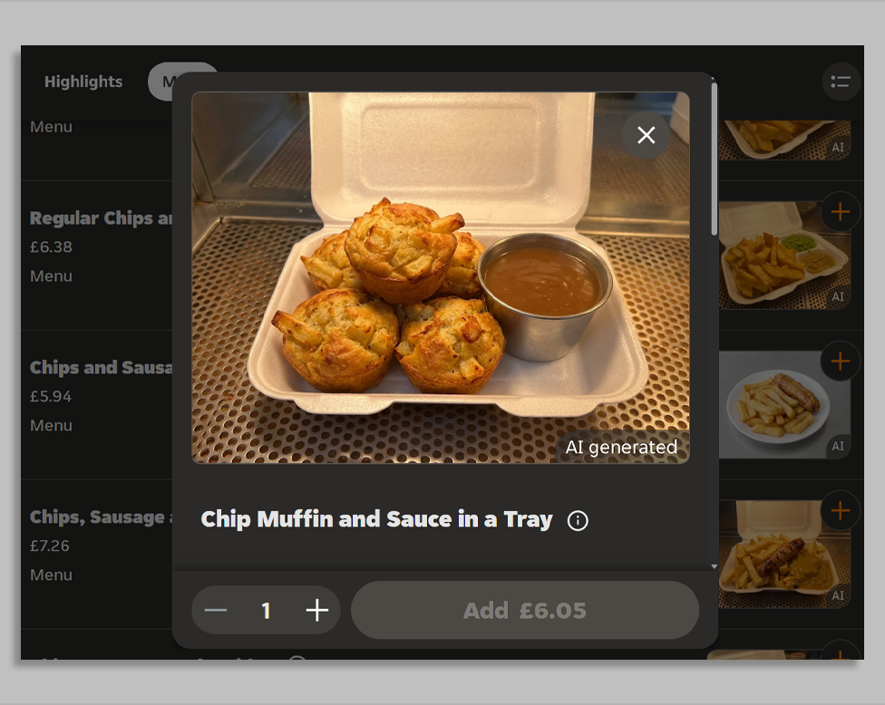 A screenshot of an AI-generated image on Just Eat showing a white box of several "chip muffins" - brown cakes with potato chips in them next to a pot of brown sauce. The description says "Chip Muffin and Sauce in a Tray".