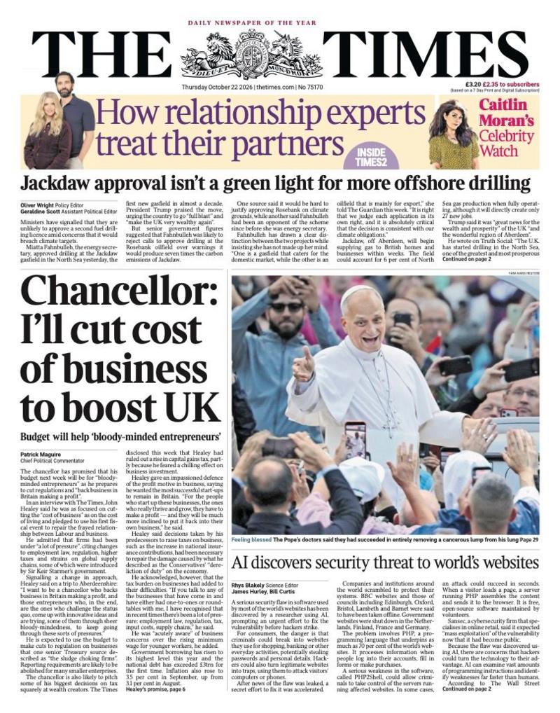 The headline on the front page of the Times reads: 'Chancellor: I'll cut cost of business to boost UK.'