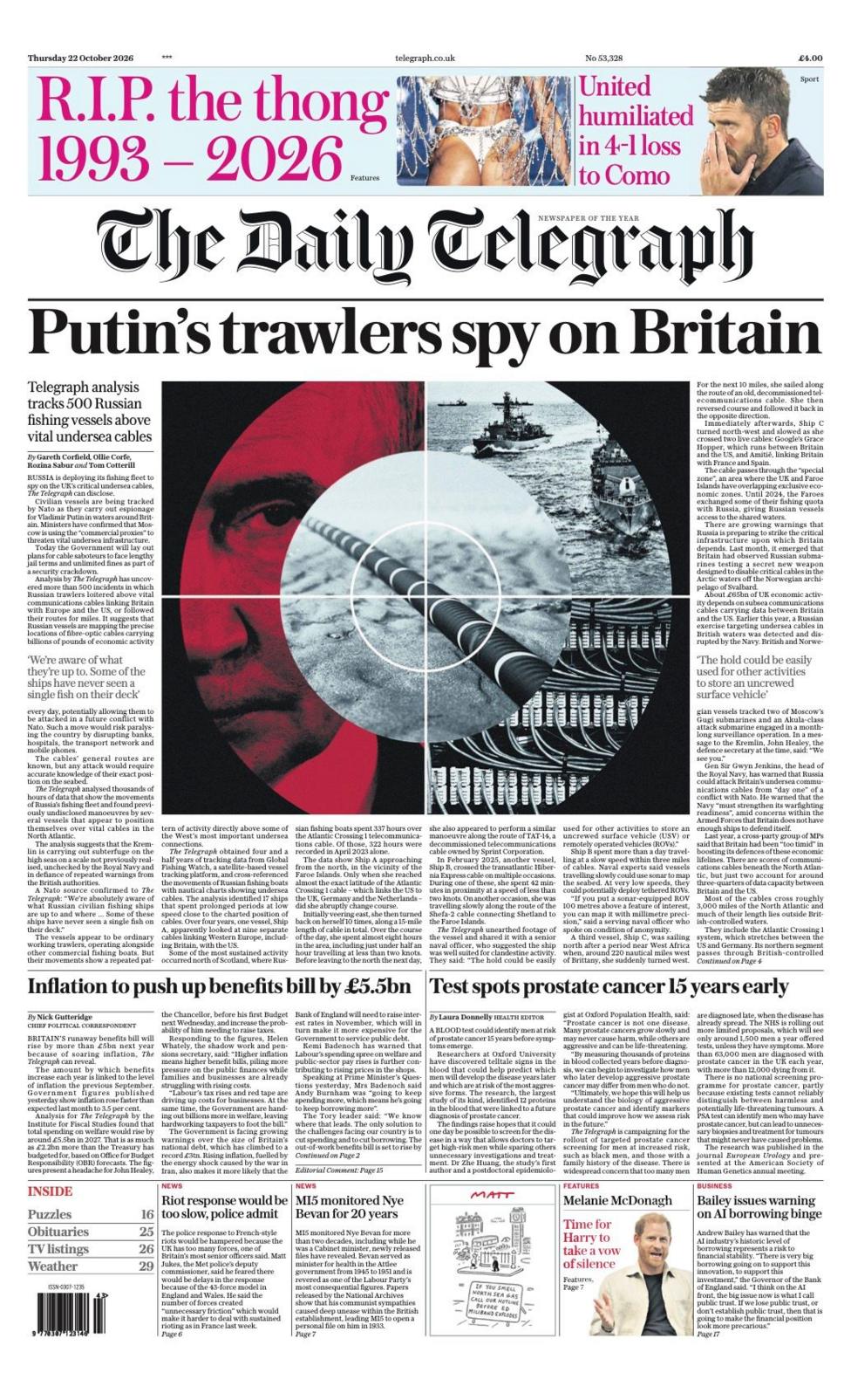The headline on the front page of the Daily Telegraph reads: 'Putin's trawlers spy on Britain.'