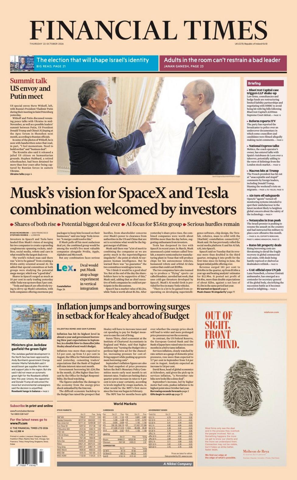 The headline on the front page of the Financial Times reads: 'Musk's vision for SpaceX and Tesla combination welcomed by investors.'