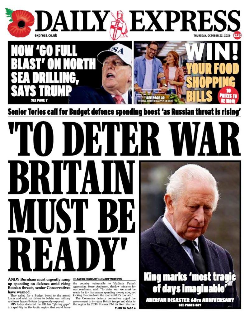 The headline on the front page of the Daily Express reads: 'To deter war Britain must be ready.'