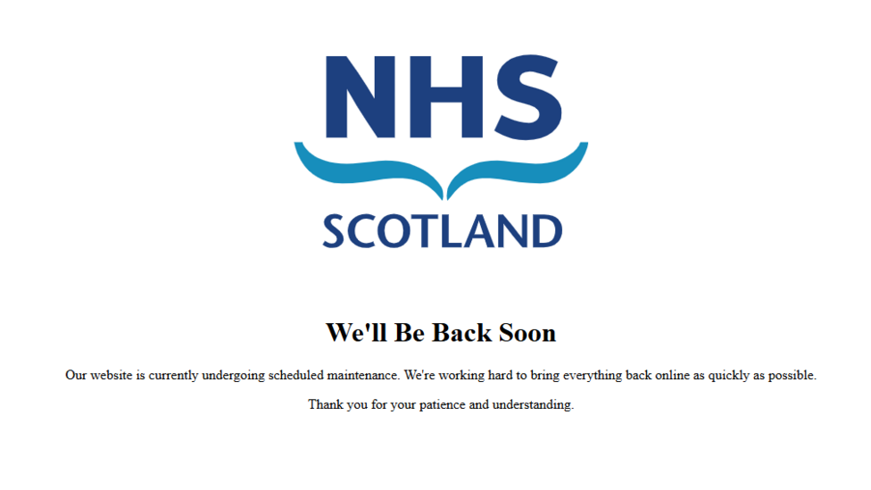 A white web page with the NHS Scotland logo on it above a "we'll be back soon" message