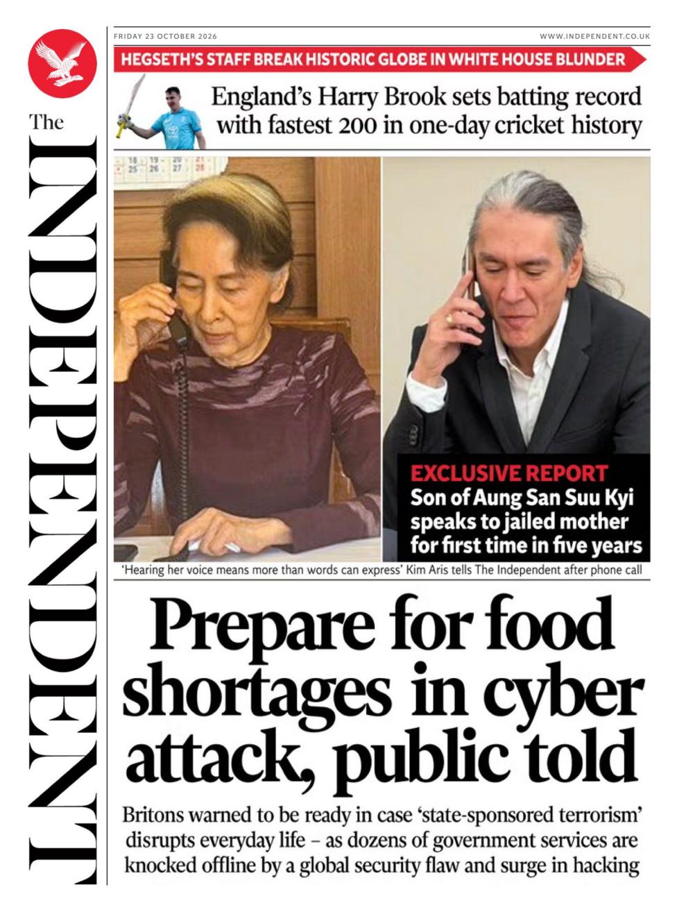 The headline on the front page of the Independent reads: 'Prepare for food shortages in cyber attack, public told.'