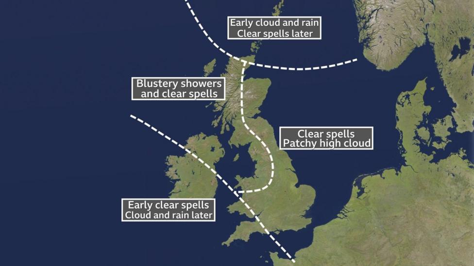 A map showing clear spells, cloudier later for south-west England, much of Wales apart from the north-east, and the south-west half of Northern Ireland; blustery showers for the rest of Northern Ireland, the north coast of Wales, the coast of north-west England, and the coast of western Scotland; cloudy, wet and windy early on for the north-east tip of Scotland, and Orkney and Shetland; clear spells and patchy high cloud for everywhere else