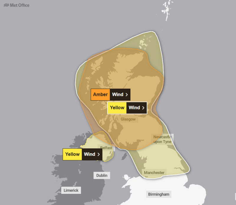 A Met Office map of the UK with two yellow wind warnings, covering Northern Ireland, Orkney and the north of England. An amber wind warning covers the whole Scottish mainland and the Western Isles.